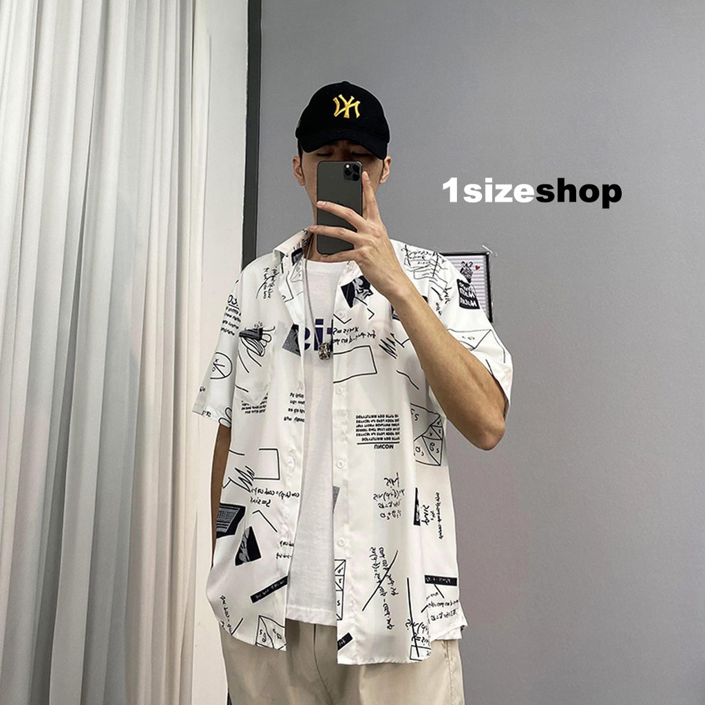 Áo sơ mi nam nữ họa tiết hình học form rộng ulzzang cổ bẻ chất thô lụa mềm 1sizeshop