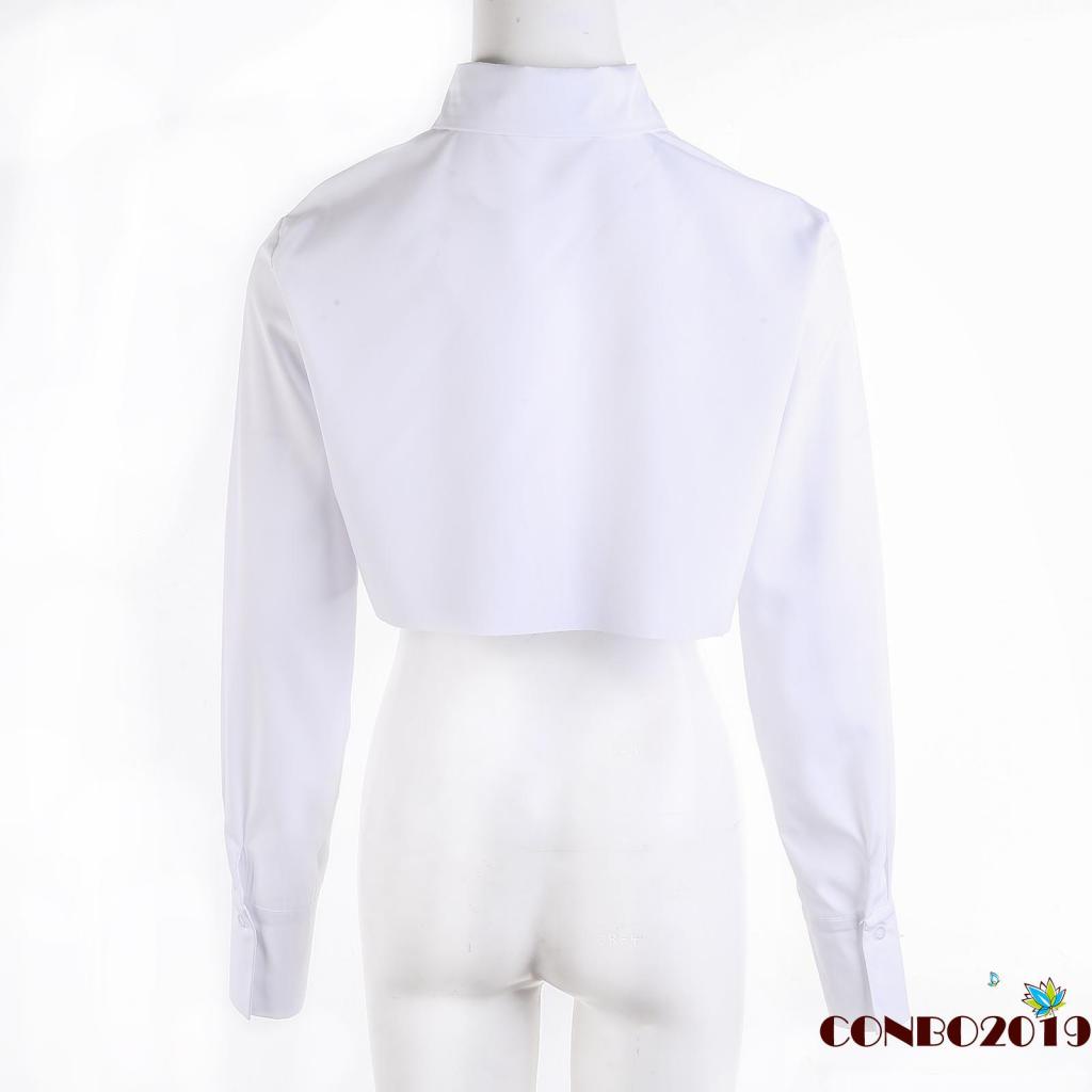 Áo Sơ Mi Crop Top Cổ Bẻ Màu Trơn Lệch Tà Thời Trang Mùa Xuân Cho Nữ