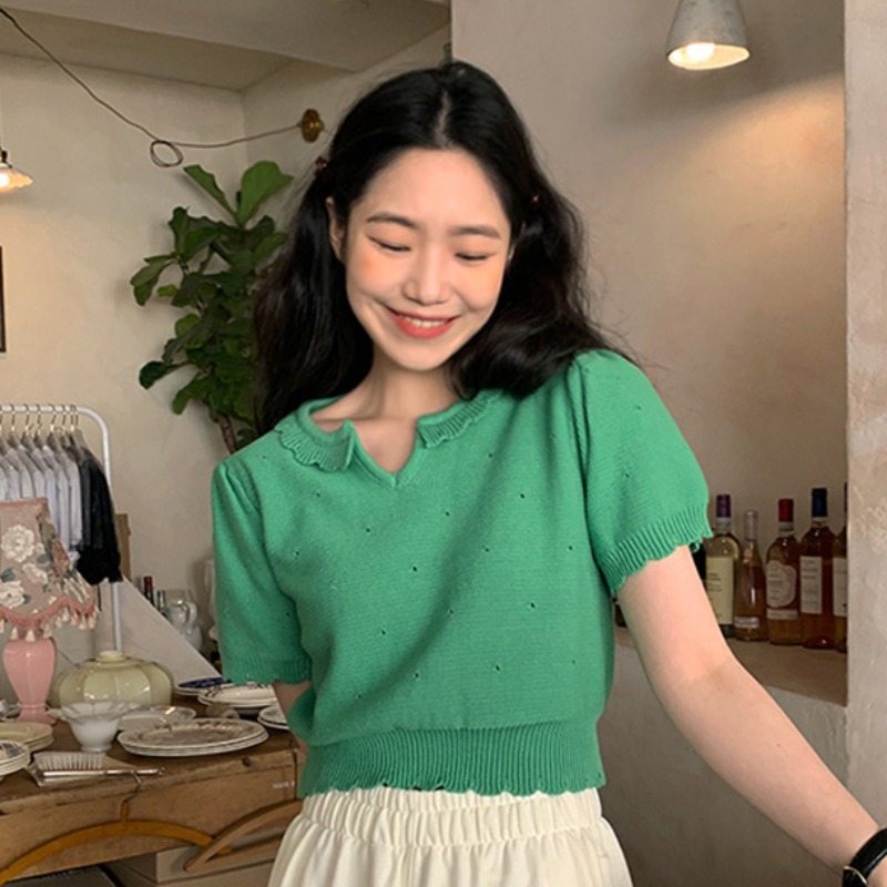 Áo nữ Pure Cube tay ngắn phối viền bèo dịu dàng thời trang phong cách Hàn Quốc