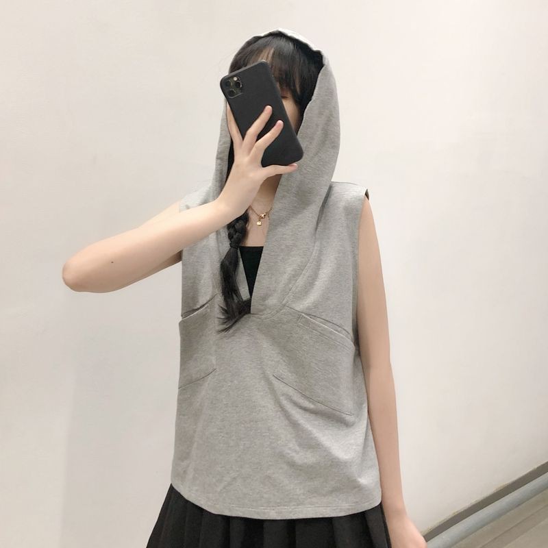 [ORDER] Áo hoodie tank top 2 màu đen xám chất cotton đẹp phối túi ngực