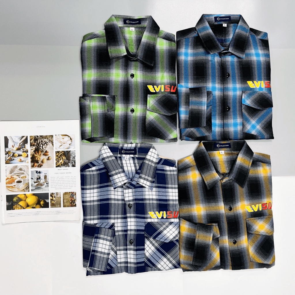 (Mẫu Mới) MẪU MỚI -- ÁO SƠ MI CARO NAM TAY DÀI EVISU THIẾT KẾ TRẺ TRUNG VÀ THỜI THƯỢNG Shop TNM