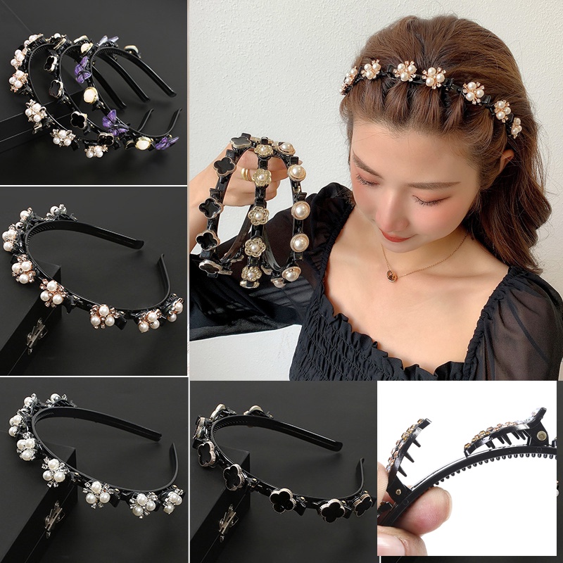 Băng Đô Cài Tóc Hai Lớp Bằng Nhựa Đính Ngọc Trai Thời Trang Dành Cho Nữ