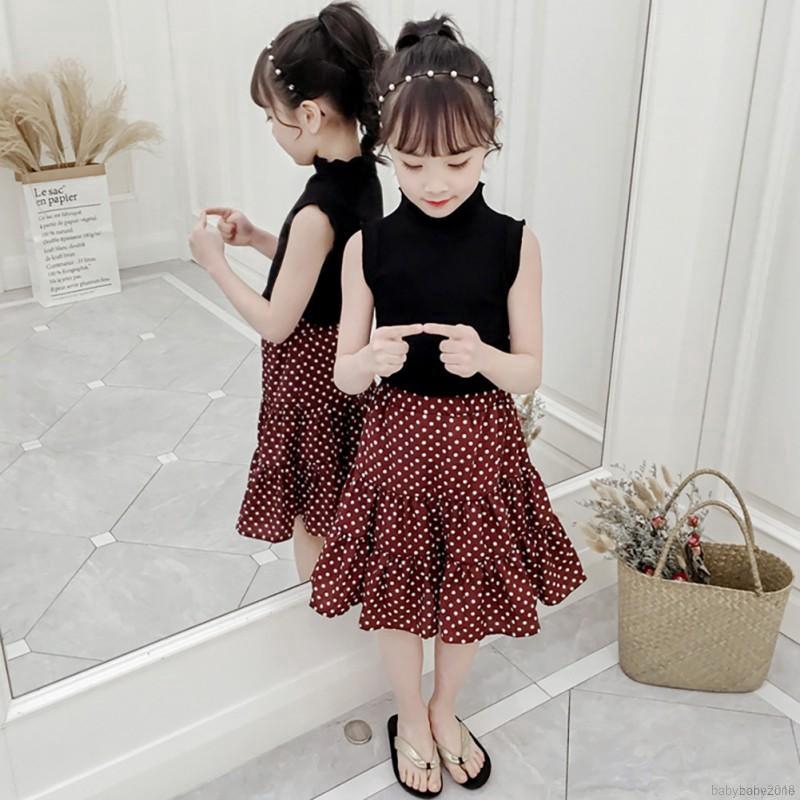 Set áo thun sát nách cổ tròn + chân váy chấm bi cho bé gái