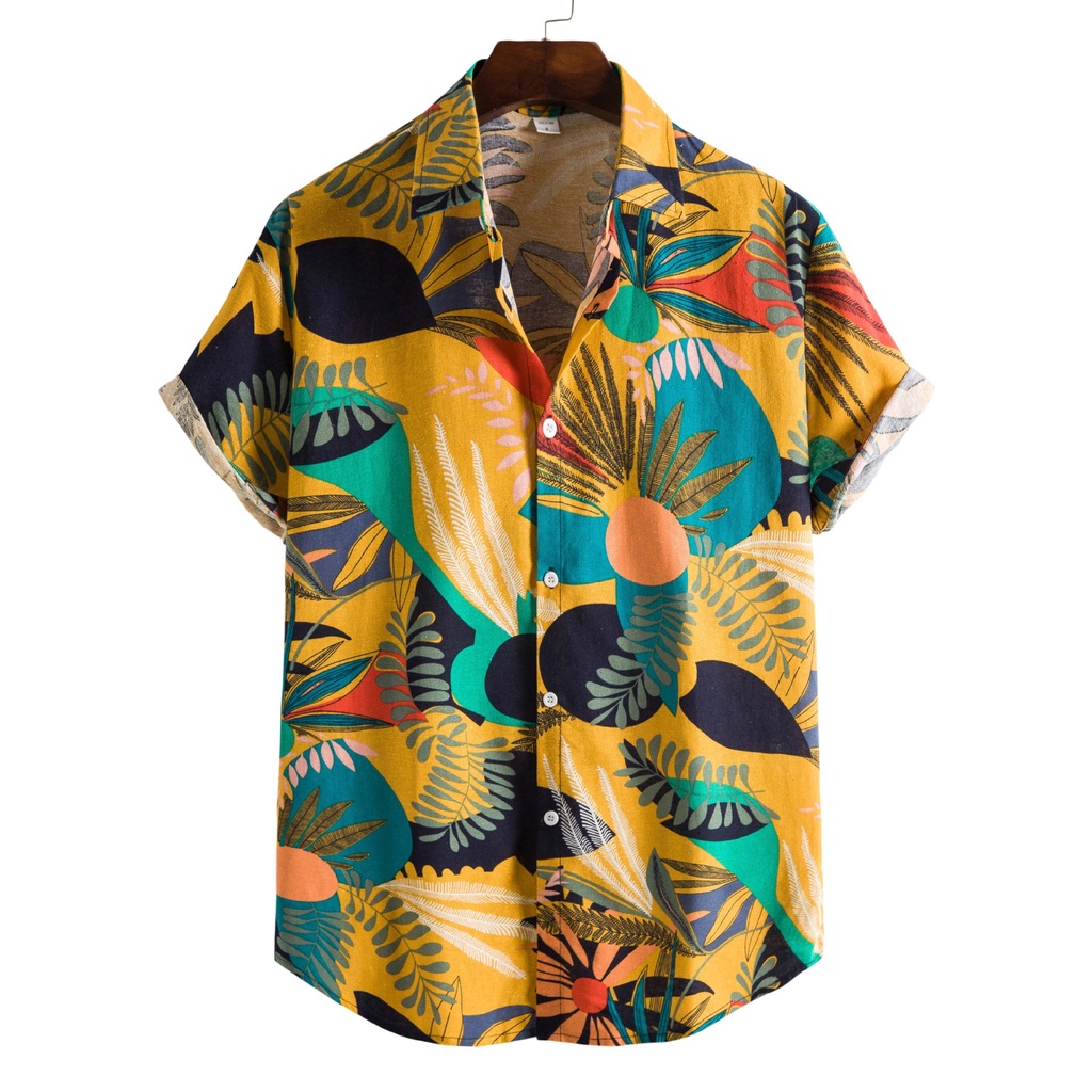 Áo Sơ Mi Linen Tay Ngắn Dáng Rộng In Họa Tiết Hoa Màu Vàng Phong Cách Hawaii Thời Trang Cho Nam