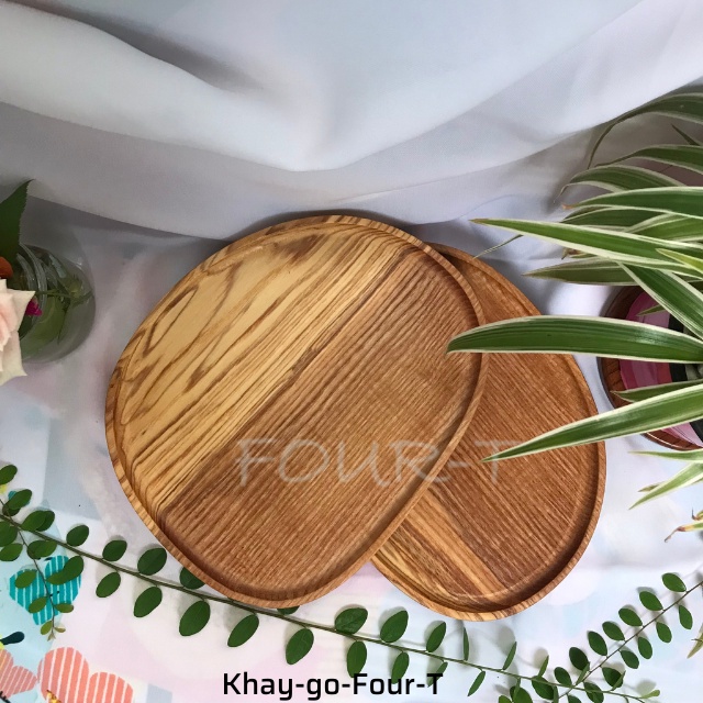 Khay Gỗ Decor Đựng Đồ Ăn Thớt Gỗ Trang Trí Nguyên Khối Hình Đá Cuội Đựng Ấm Trà Mứt Tết Đẹp Dai Bền, Four-T Shop