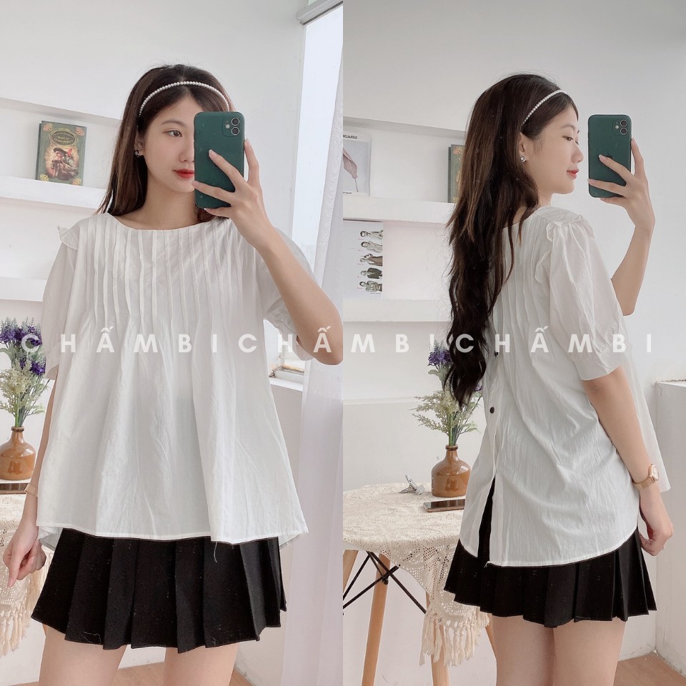 [SALE] Áo Sơ Mi Trắng Cổ Tròn Dáng Babydoll Cộc Tay Hàng Cúc Đen Sau Cực Xinh - A.192