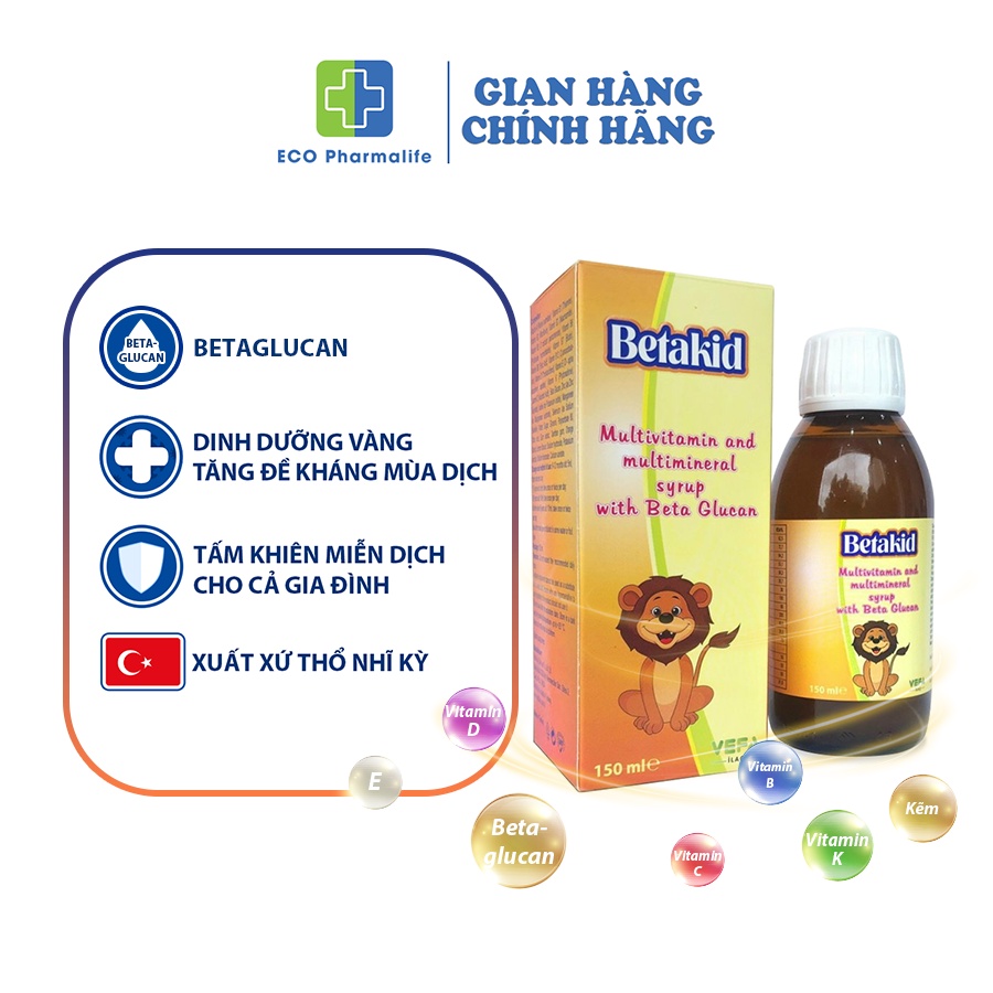 Siro Betakid 150ml - Bổ sung beta glucan và vitamin, tăng sức đề kháng cho bé và người lớn - Xuất xứ Thổ Nhĩ Kỳ