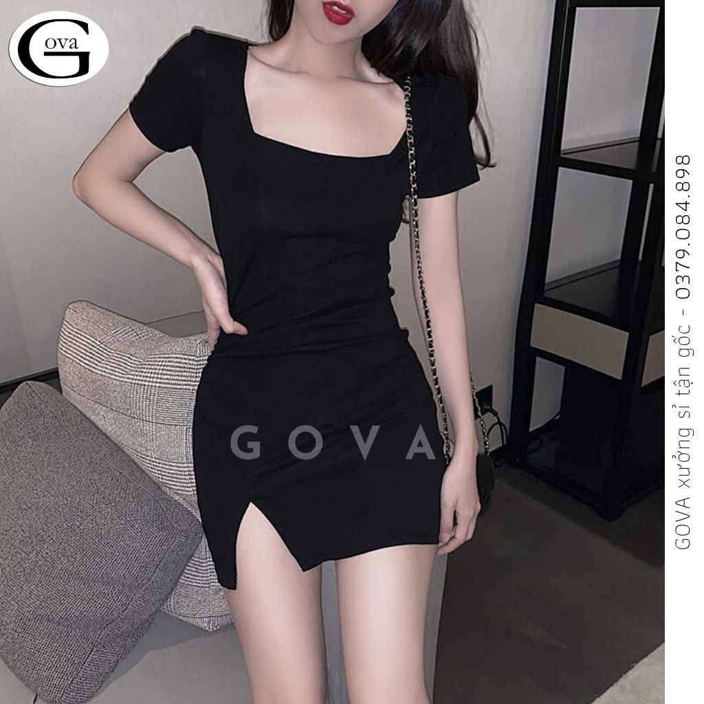 Đầm Váy Body Cổ Vuông Xẻ Đùi Trước Tay Ngắn Thun Borip Ôm Sexy Gợi Cảm GOVA