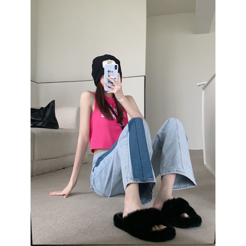 Quần Denim Ống Rộng Lưng Cao Thiết Kế Mới Năng Động Thời Trang Dành Cho Nữ