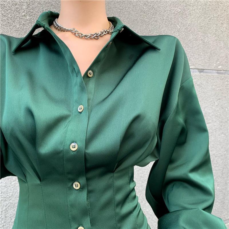 Đầm Ngắn Tay Dài Cổ Chữ V Màu Xanh Lá Đậm Phong Cách Retro Mới Cho Nữ