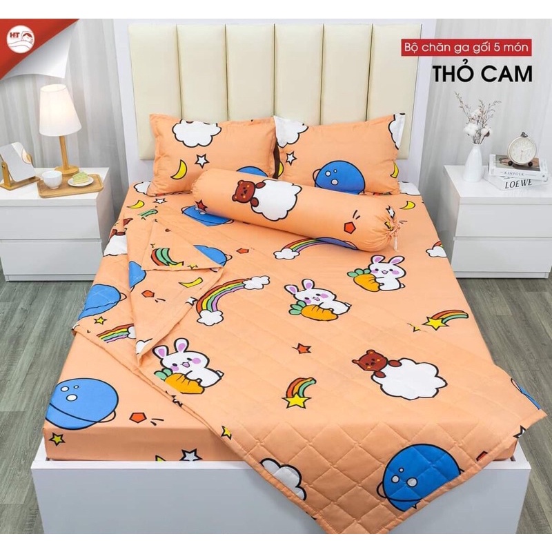 Bộ drap giường 5 món chăn ga gối bo chun poly hàn quốc cao cấp