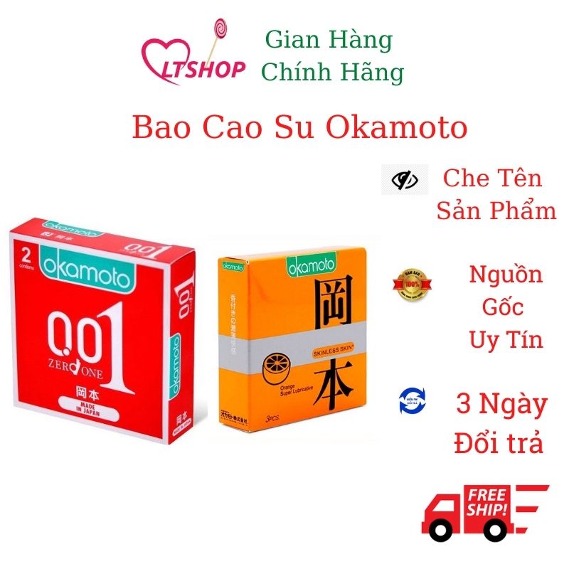 [ Tặng 1 hộp Cam 3 cái ] Bao Cao su Okamoto 0.01 PU Siêu mỏng Truyền Nhiệt Nhanh Hộp 2 Cái