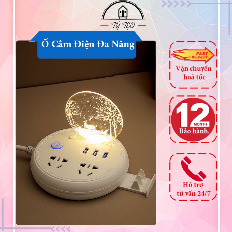Ổ Cắm Điện Thông Minh Đa Năng Chống Giật, Tích Hợp 3 Cổng Sạc USB Tiện Lợi, Hình TRÒN CÓ LED VER 4 - Gia Dụng Tý Tẹo