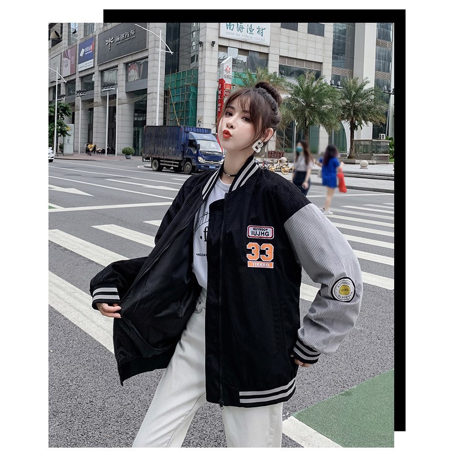 Áo Bomber Nhung Gân 33 🦋 Áo Khoác Sọc Phối Màu Thêu Chữ 🦋