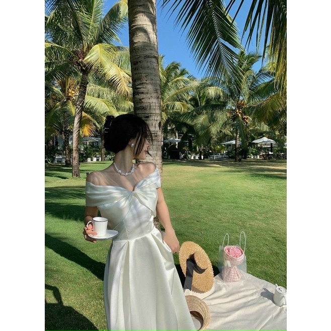 Váy Đầm Dự Tiệc Thiết Kế Trễ Vai Phối Nơ Cách Điệu Màu Trắng Tinh Khôi Sang Chảnh Thời Trang Nữ Xm Minh Phúc