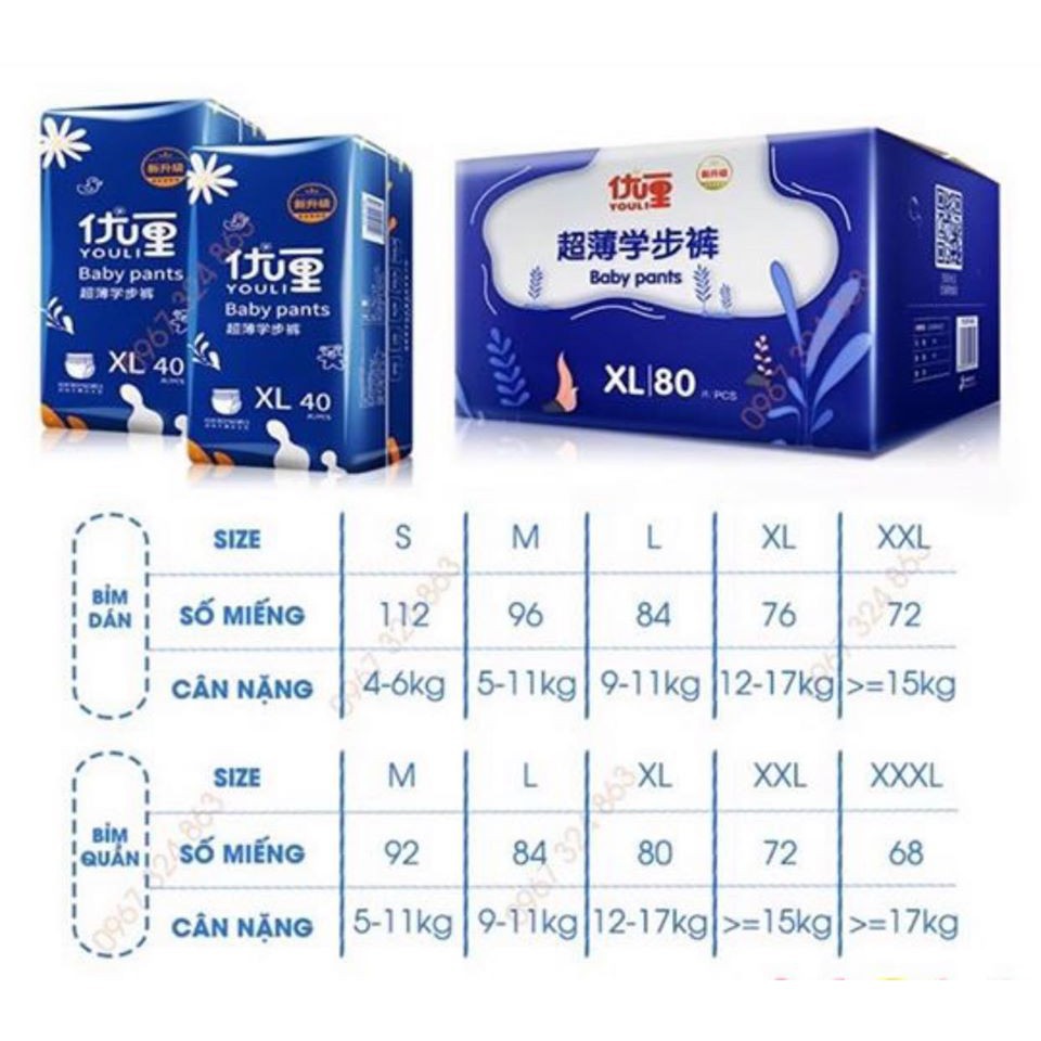 Bỉm YOULI XANH, YOULI Y TẾ nội địa Trung quần/dán đủ SIZE