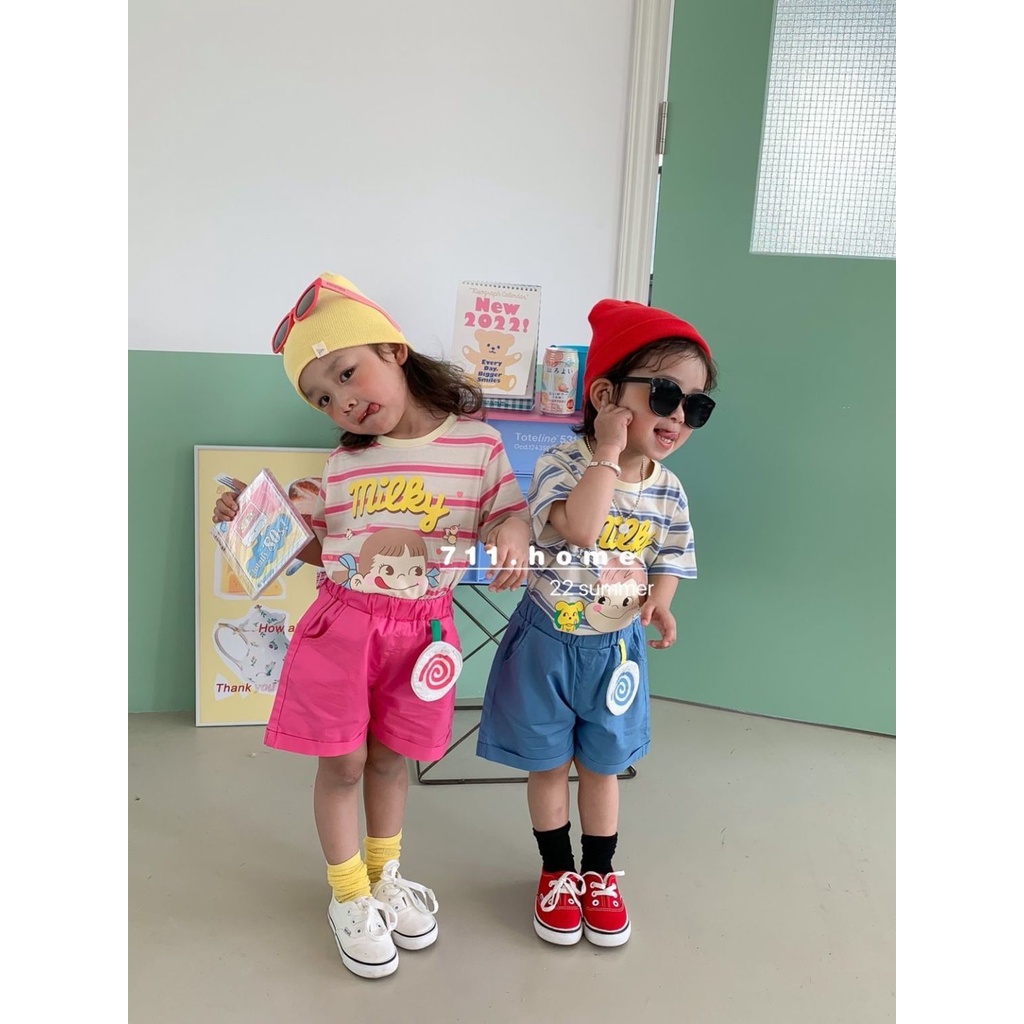Set Đồ Mùa Hè 1 Món Gồm Áo Thun Kẻ Sọc In Họa Tiết Hoạt Hình + Quần Ngắn Phong Cách Hàn Quốc Cho Bé