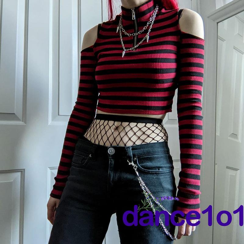 ♂Xx☎Áo Thun Tay Dài Hở Vai Dáng Ôm Họa Tiết Kẻ Sọc Xinh Xắn Cho Nữ