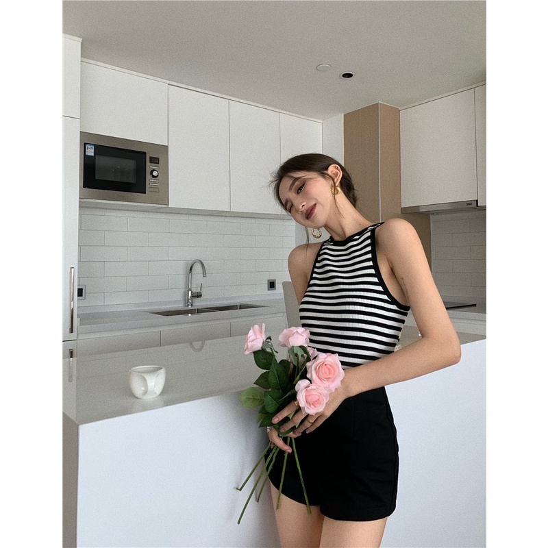 Áo Dệt Kim Không Tay Họa Tiết Sọc Màu Đen Phong Cách Cổ Điển Hàn Quốc Cho Nữ | BigBuy360 - bigbuy360.vn