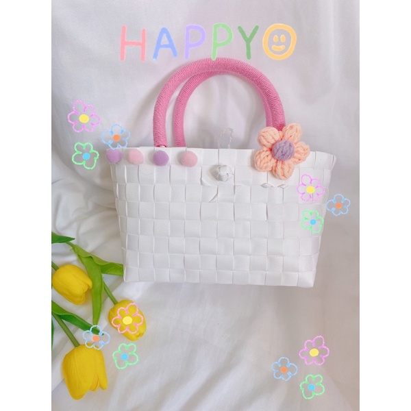 Túi xách Đan kèm hoa len xinh xắn