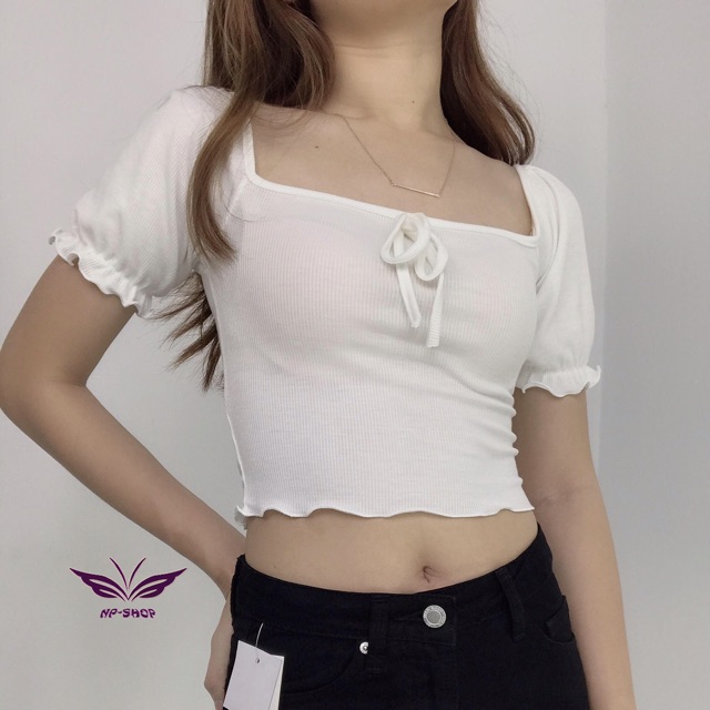 Áo croptop nữ chất thun gân tay phồng cột nơ NPAO009