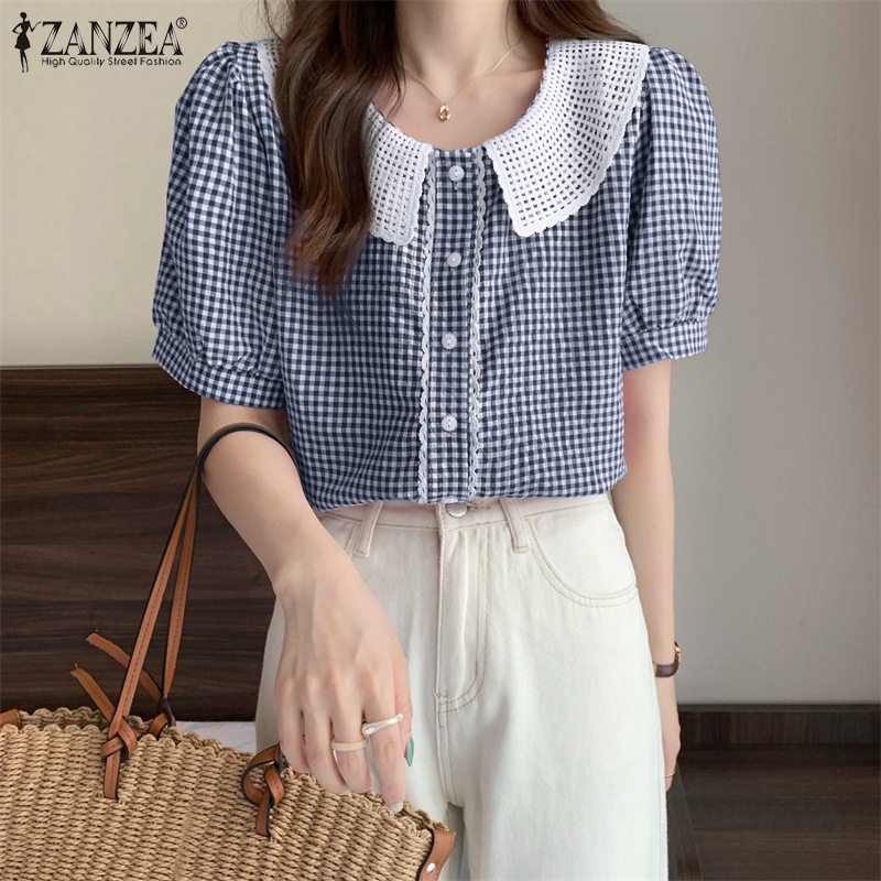 ZANZEA Women Sweet Plaid Doll Collar Stitching Lace Puff Short Sleeve Top