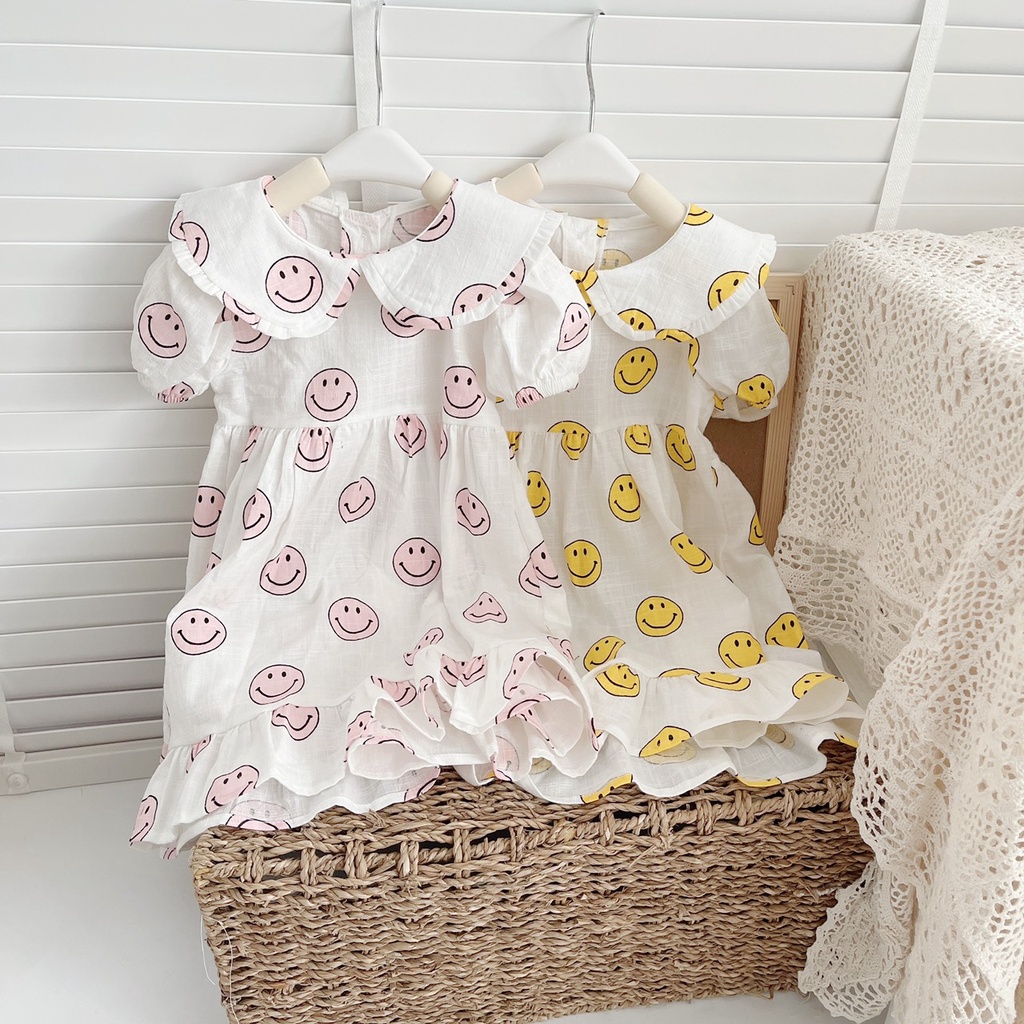 Váy hè cộc tay MẶT CƯỜI cho bé gái 1-6 tuổi-  Chất thô xước mỏng- mềm mát