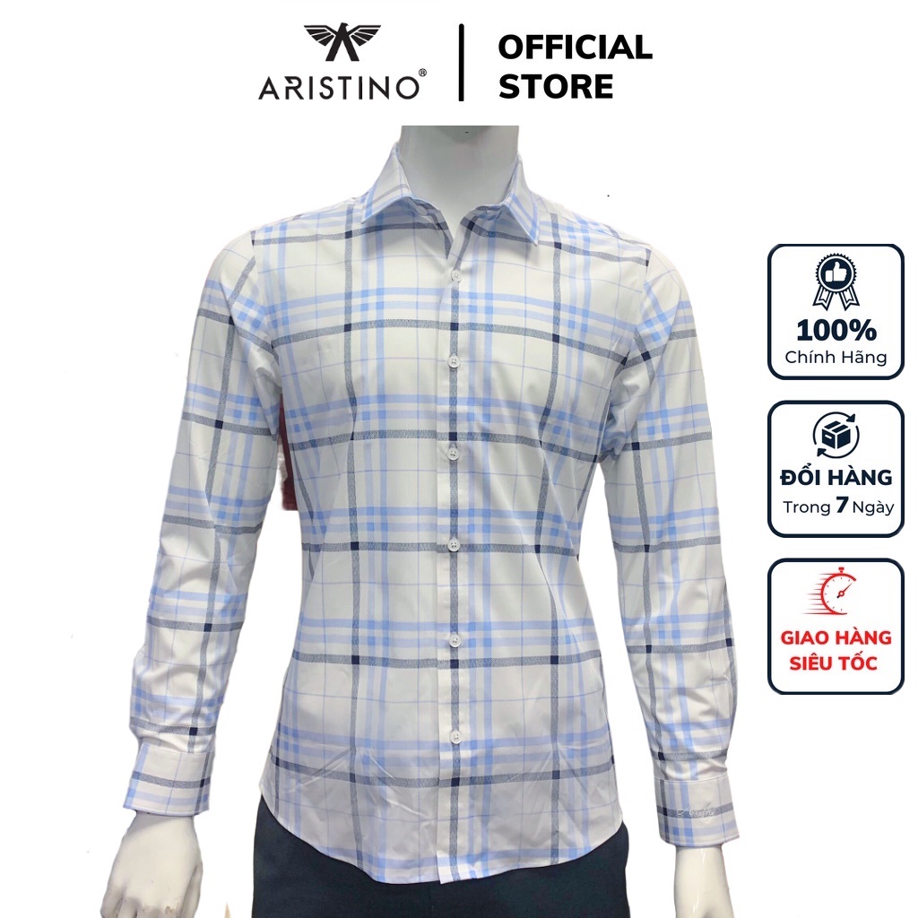 Áo sơ mi nam dài tay ARISTINO ALS31302 somi công sở vải sợi sồi cao cấp màu trắng in kẻ đen xanh dáng ôm tà lượn có túi