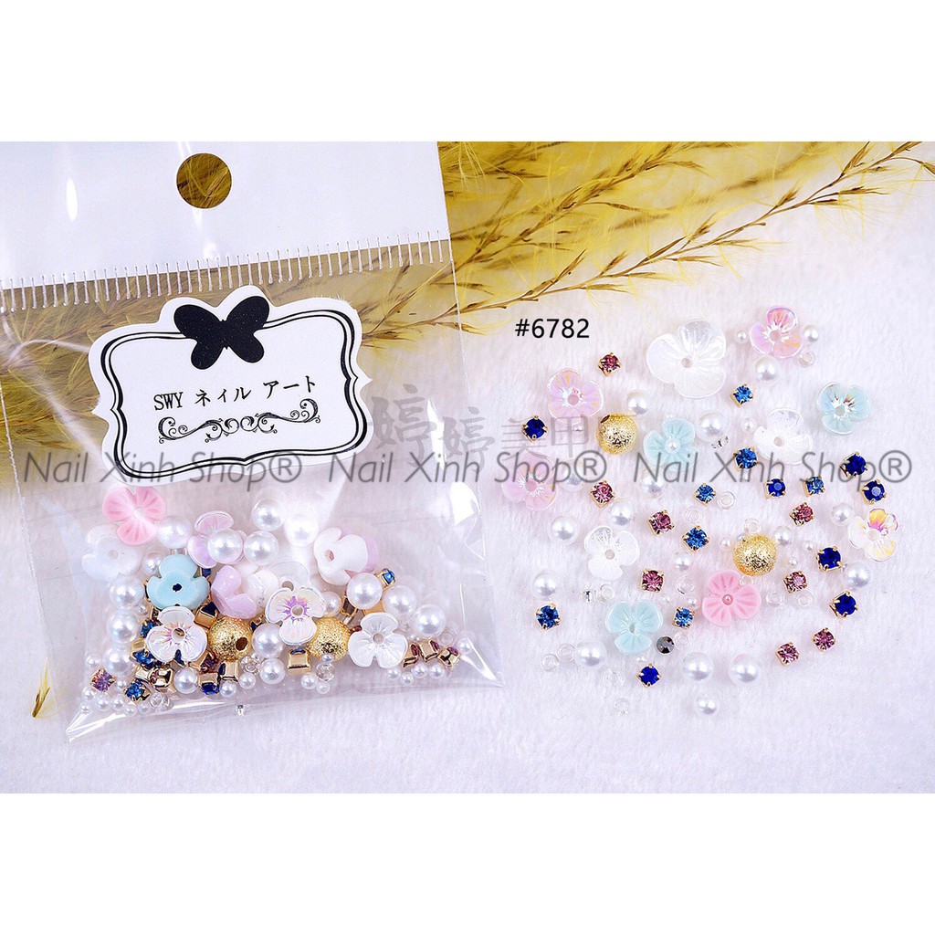 Túi mix đá nail,hoa,châu hạt,charm... phong cách Nhật, phụ kiên nail cao cấp, phụ kiện nail hot
