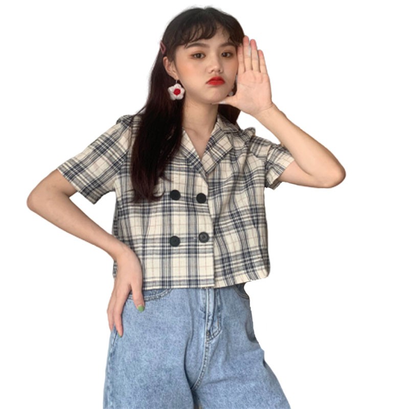 Xiaozhainv Áo sơ mi nữ tay ngắn họa tiết caro theo phong cách Hàn Quốc | BigBuy360 - bigbuy360.vn