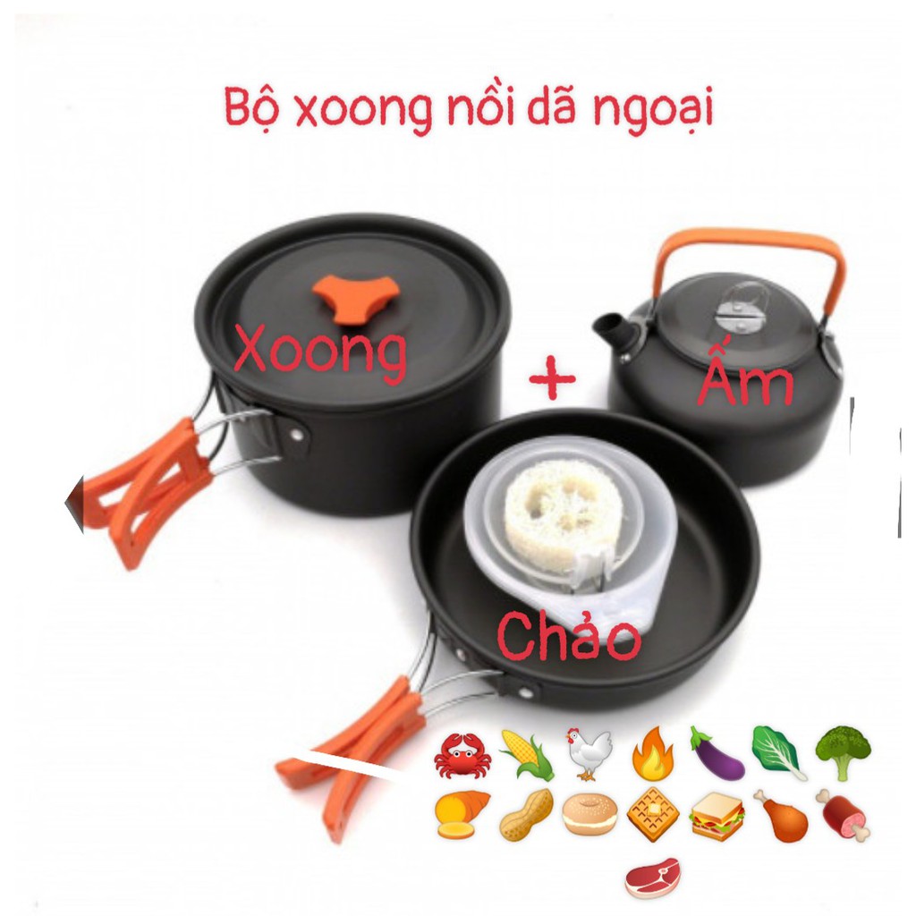 Bộ  Bếp gas mini+Xoong Nồi+Chảo+ Ấm Mini  nấu ăn*pha cà phê  Du Lịch Cắm Trại Dã Ngoại 8 Món Tiện ích "Hót"