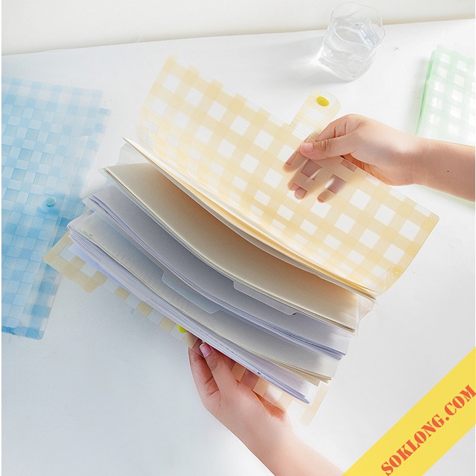 Túi đựng tài liệu 5 ngăn A4 họa tiết caro K34 Sổ KLONG, file kẹp giấy tờ chống nước tiện lợi