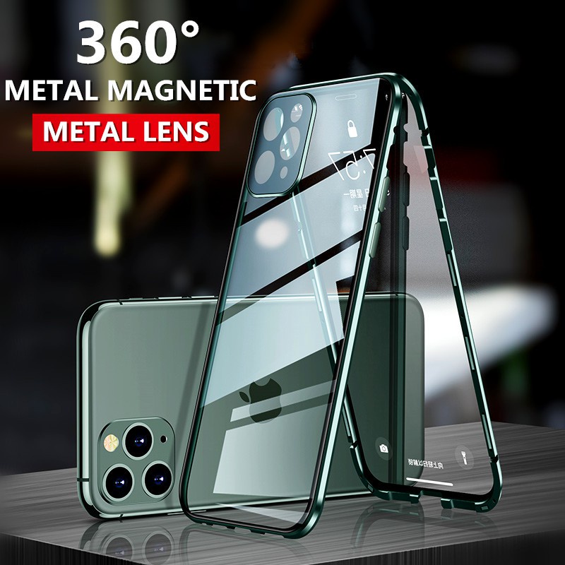 Ốp Điện Thoại Kính Cường Lực Hai Mặt Có Khóa Kim Loại Nam Châm Bảo Vệ camera Cho iPhone 11 Pro MAX 11 Pro 11 XS MAX XR XS X