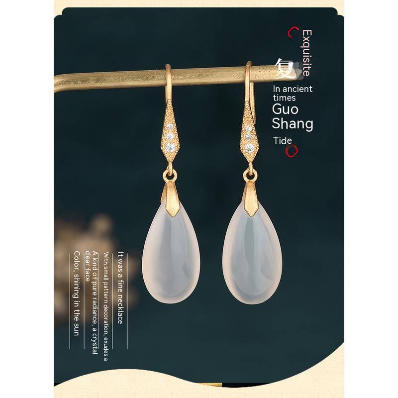 Bông Tai Mạ Bạc 925 Hình Giọt Nước Đính Đá Mã Não Phong Cách Trung Hoa Cổ Điển 448#