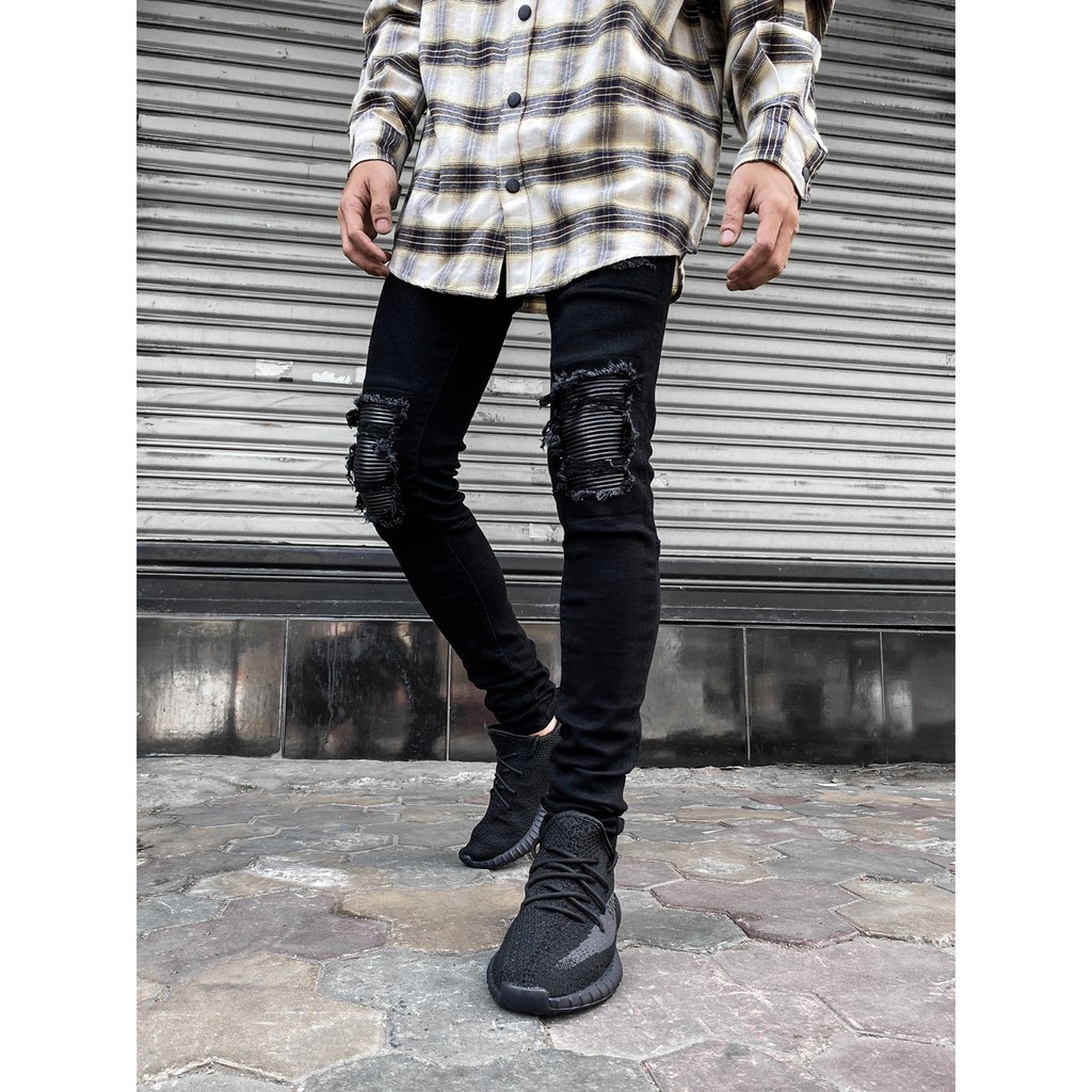 Quần Jeans Nam Skinny Biker Rách Gối Bọc Da Màu Đen