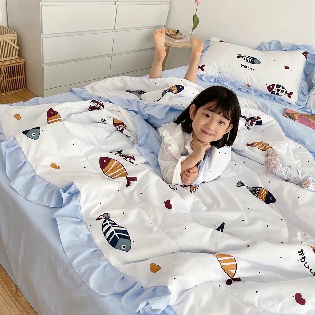 Bộ chăn đũi hè vỏ ga và 2 vỏ gối M2T bedding chăn lót bông thiết kế phối bèo họa tiết Đại Dương xanh