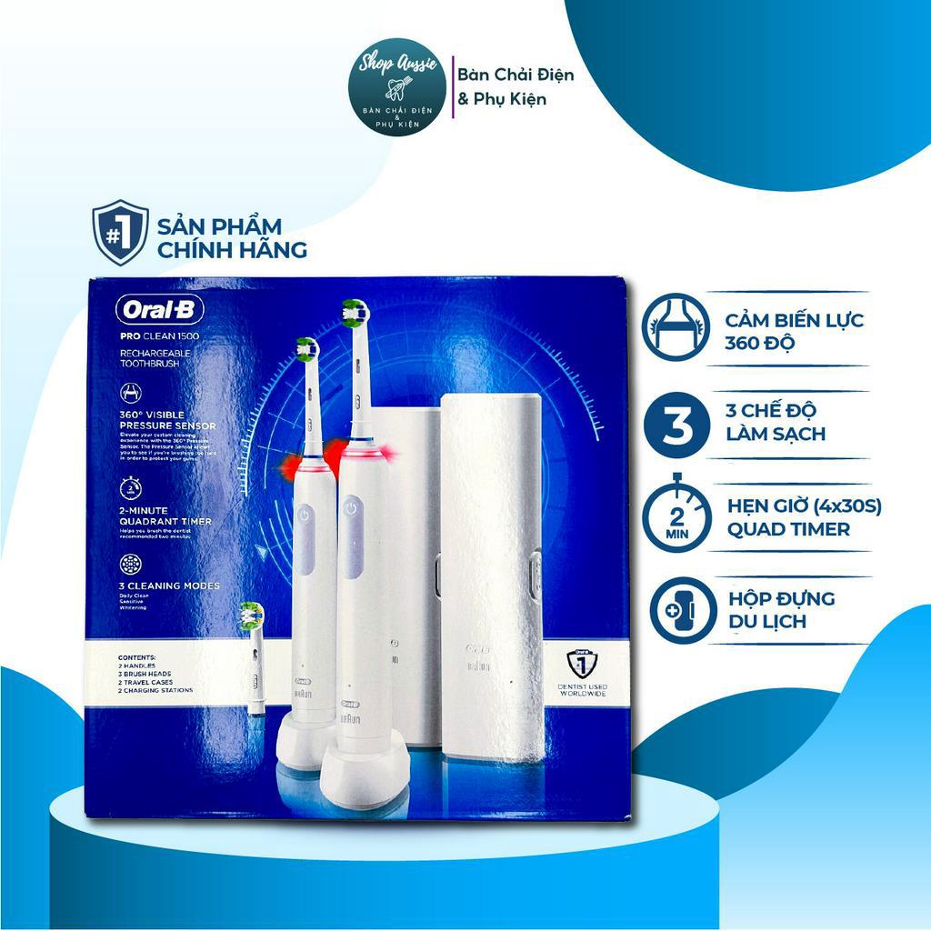Bàn Chải Điện Oral-B Pro Clean 1500 - Combo Cặp Đôi, 2 Thân chải, 3 Đầu Thay &amp; 2 Travel Case, 3 Chế Độ, Made In Germany