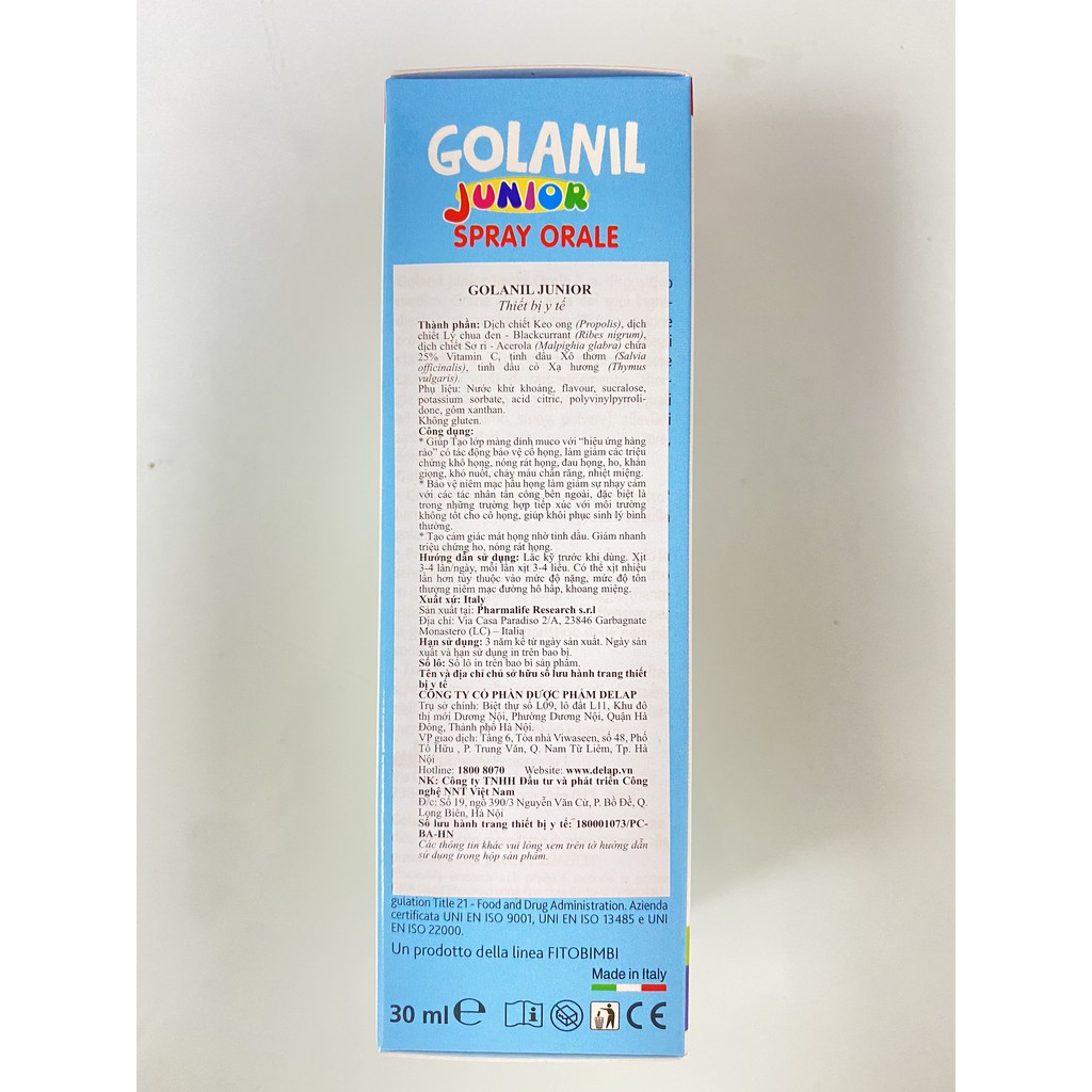 Xịt Họng Golanil Spray Orale 30ml.Giảm Ho,Đau,Ngứa Rát Họng Cho Bé Chiết Xuất Keo Ong