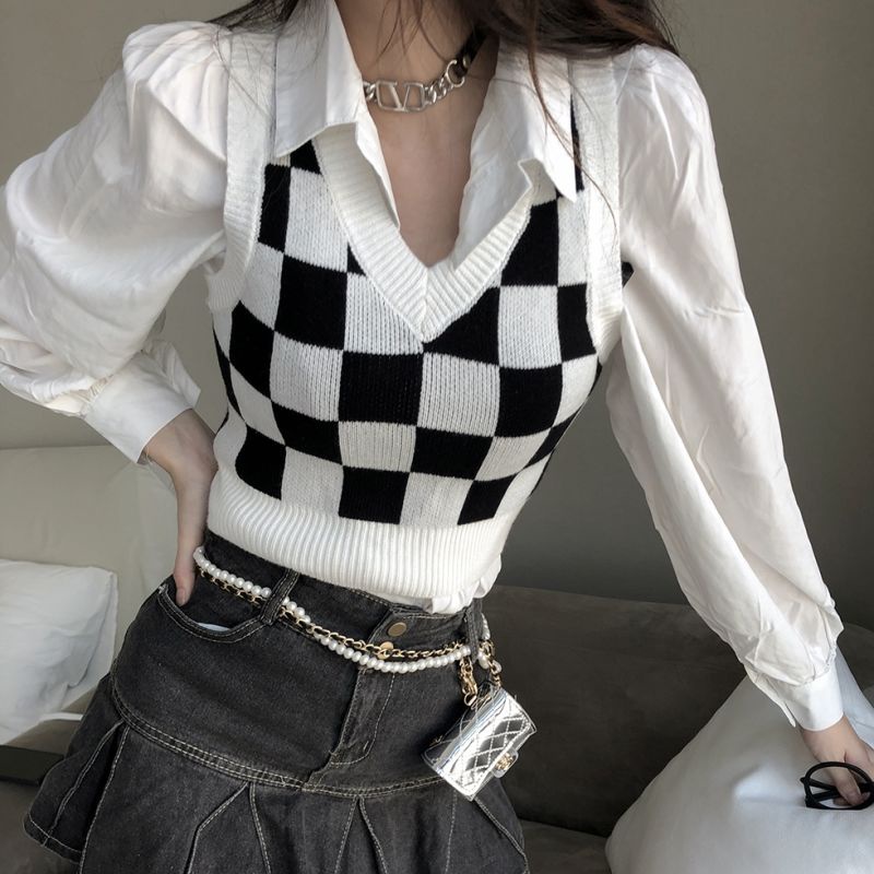 Hàng Có Sẵn Bộ Đồ Ba Mảnh Áo Vest Ôm Dáng Họa Tiết Kẻ Ô Vuông Phong Cách Preppy Mùa Xuân Thu