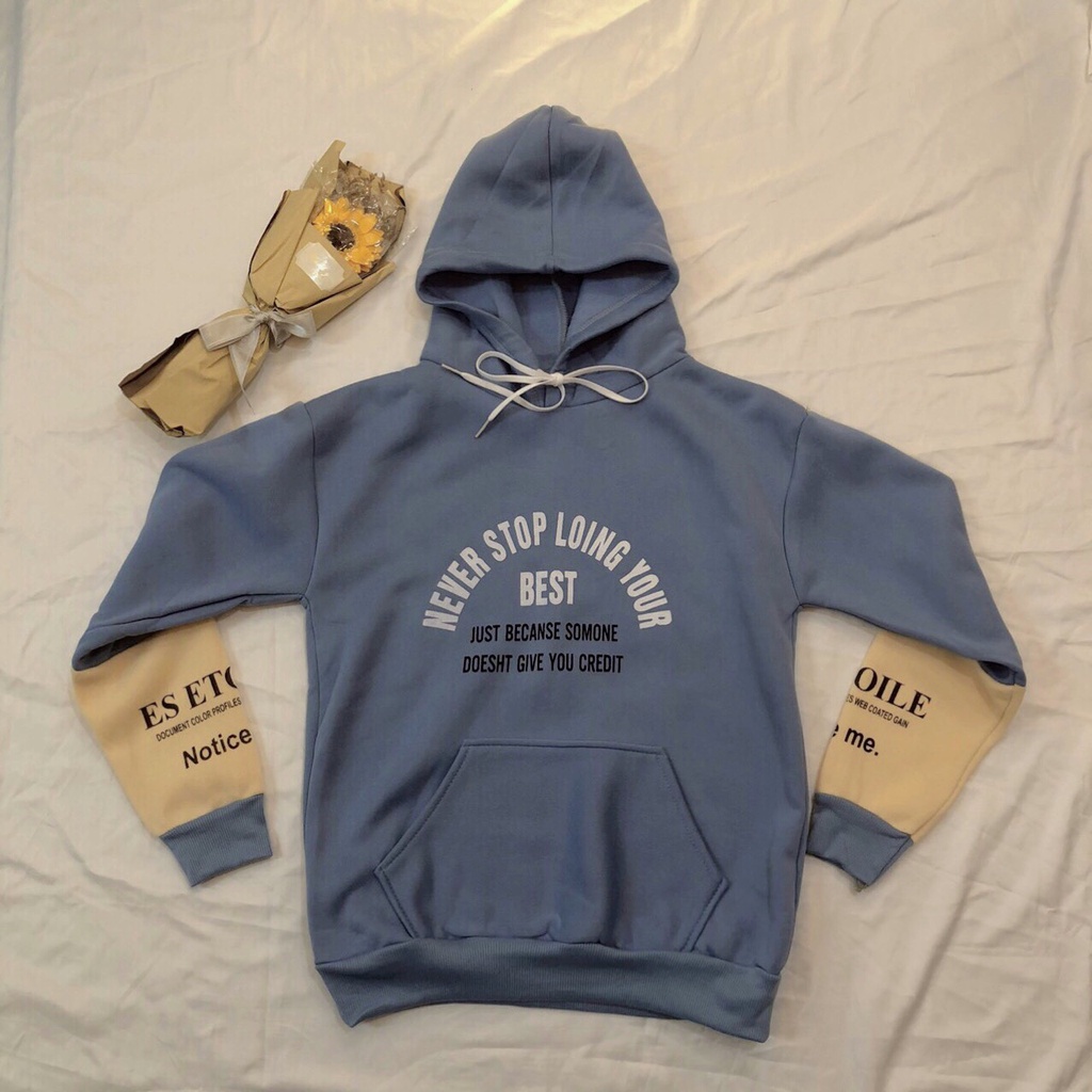 Áo hoodie nỉ cotton quảng châu cao cấp, Áo nỉ vati  in chữ NEVER STOP dáng rộng