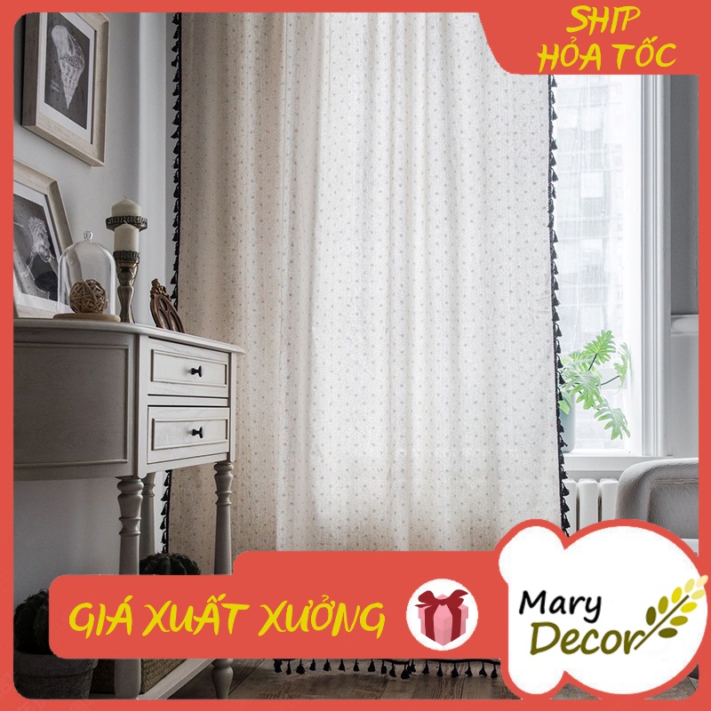 Rèm cửa ngắn trang trí vải bố linen đậm chất vintage - họa tiết Hoa cúc trắng R-I02