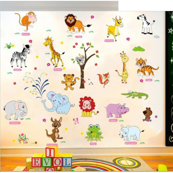 BỘ COMBO DECAL GHÉP ĐÔI TRANG TRÍ - Voi xanh kết hợp Thú tiếng kẻ ( 2 TẤM )