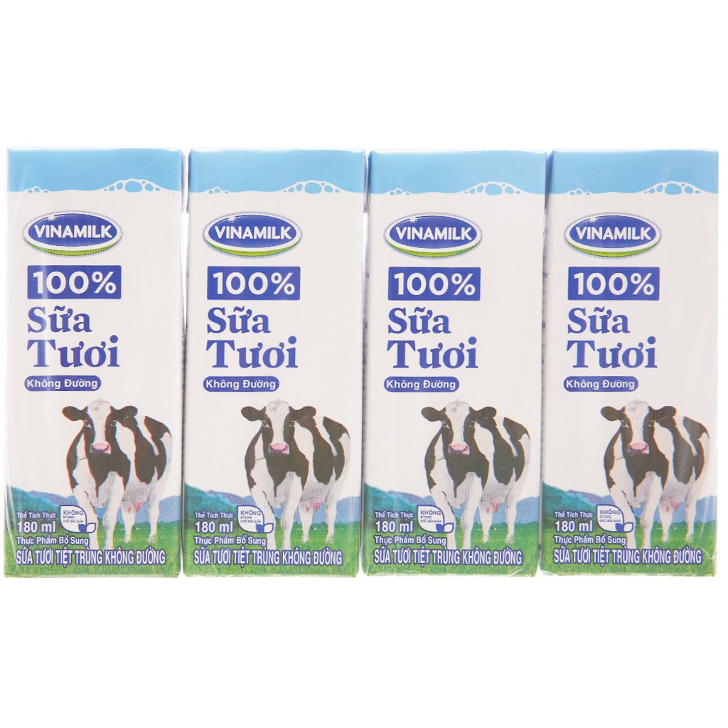 Lốc 4 hộp sữa tiệt trùng Vinamilk 100% Sữa Tươi không đường 180ml