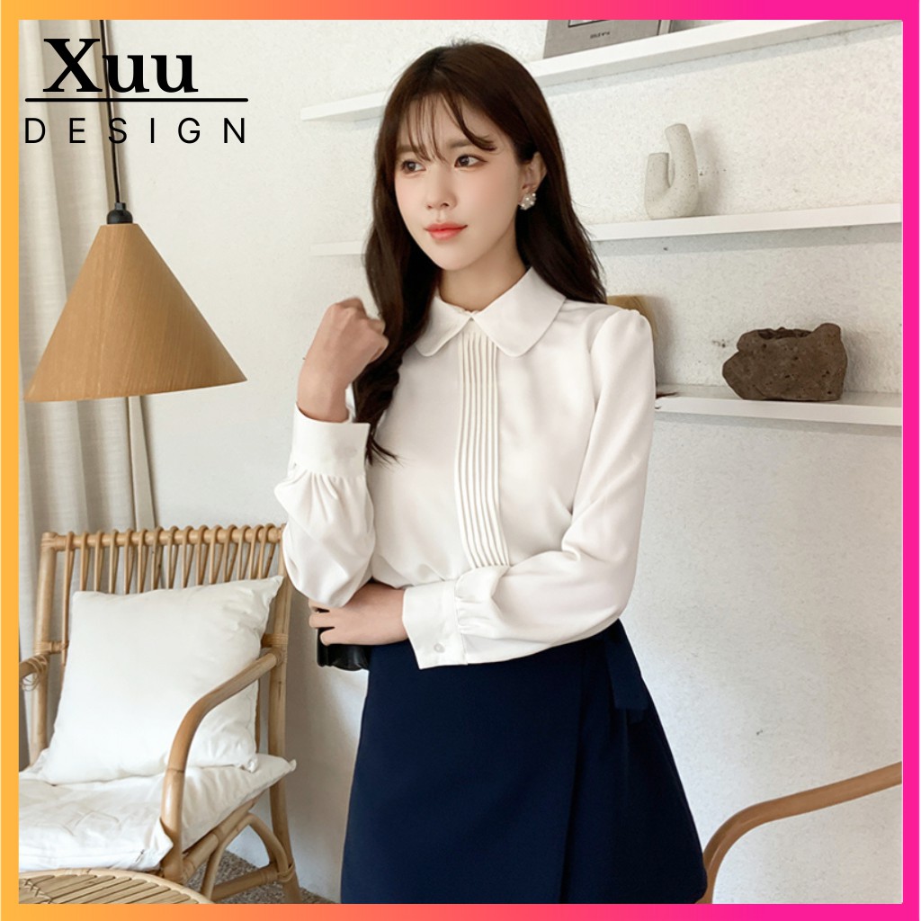 Áo sơ mi nữ trắng công sở Wexuu Design áo dài tay nẹp xếp ly chất lụa hàn mềm mịn- SP27