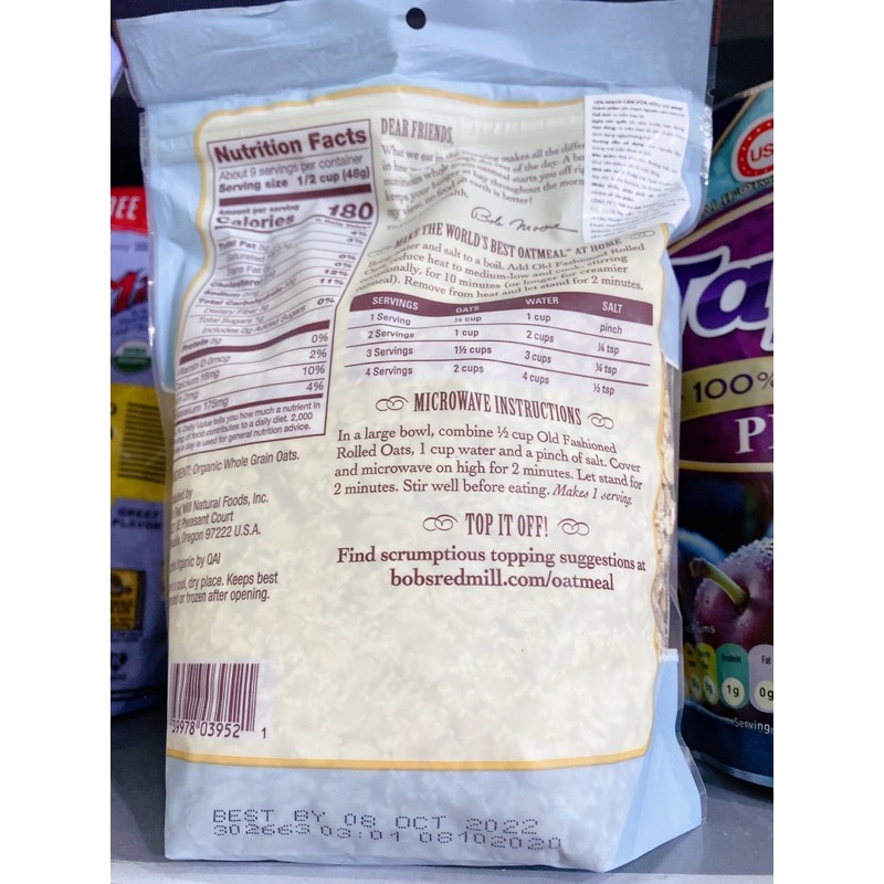 Yến mạch cán vừa hữu cơ Bob’s Red Mill 453g