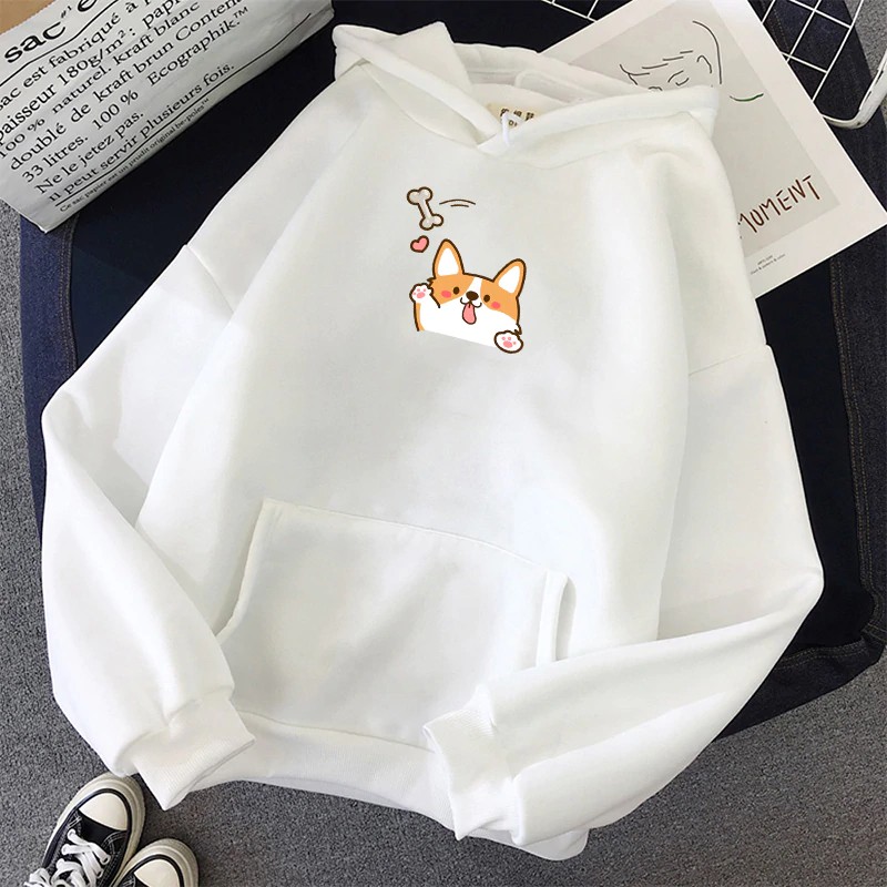 Áo hoodie nỉ nữ form rộng Familylove – Set hình chú chó Corgi dễ thương