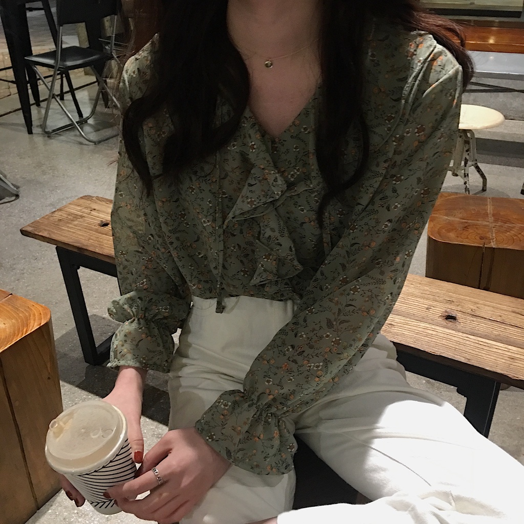 Áo sơ mi GENAISHA tay dài dáng rộng chất liệu vải voan in họa tiết thời trang cá tính cho nữ