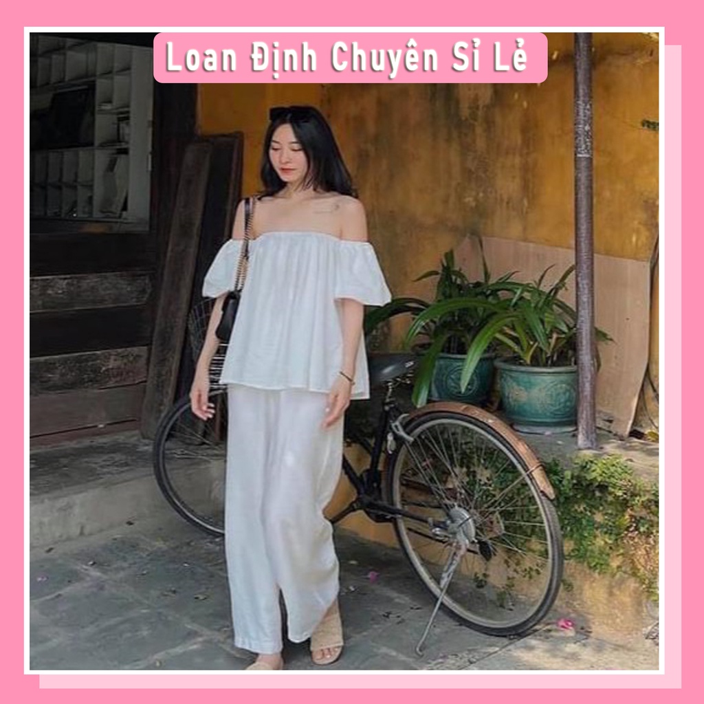 Set Trễ Vai Đi Biển Mix Quần Suông Ống Rộng