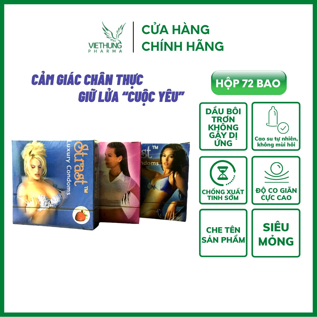 Bao cao su gia đình Strast Luxury, bao cao su gai bi mềm quanh thân, bổ sung nhiều gel bôi trơn - Hộp 72 cái