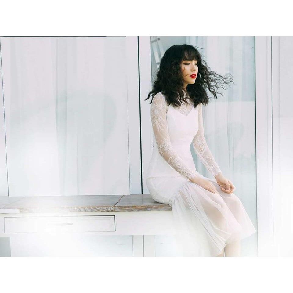 Đầm dự tiệc đuôi cá dài tay sang trọng màu tráng/ Ảnh thật | BigBuy360 - bigbuy360.vn